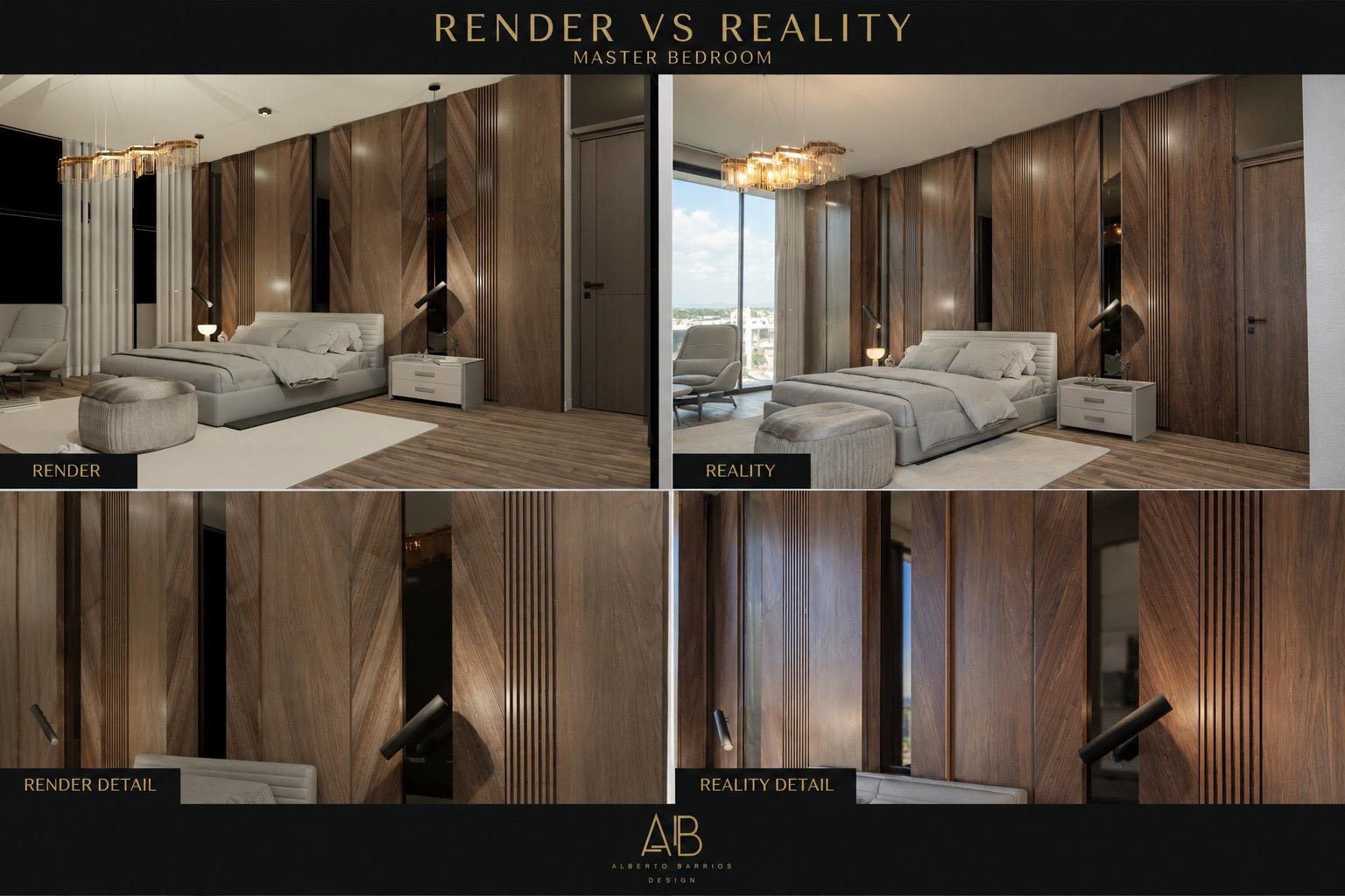 Side-by-side comparison of a master bedroom: design render next to the finished built room